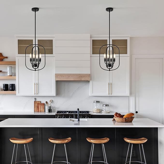 Small Modern Black Chandelier for Foyer, 4 Light Industrial Entryway Lighting Fixtures,Farmhouse Pendant Light for Kitchen Island Stairway Hallway Dining Room