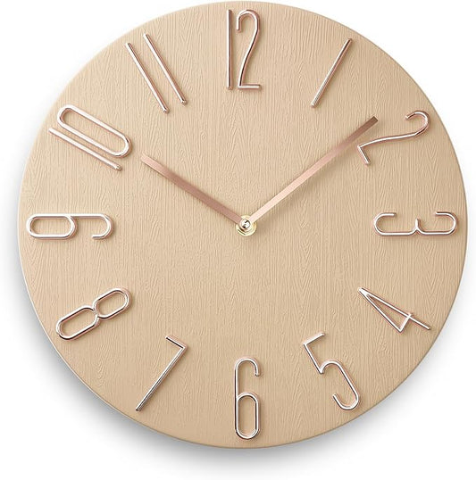 Faupugh 12 inch Silent Wall Clock, Battery Powered Wall Clock Decoration Clock, Suitable for Home, Office, School, Kitchen, Bedroom, Living Room (Beige)