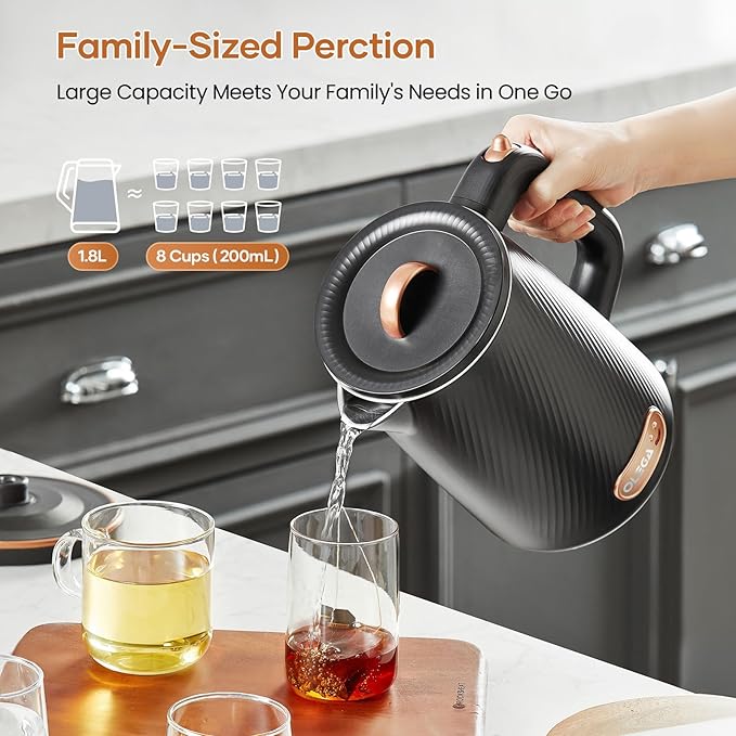 OLEGA Electric Kettle - 1500W Electric Tea Kettle 1.8L Stainless Steel Inner Electric Kettles for Boiling Water Auto Shut Off Boil-Dry Protection Electric Water Kettle for Coffee Tea Black