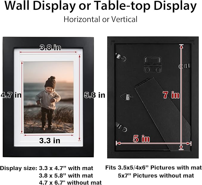 KINLINK 5x7 Picture Frame Black, Solid Wood Frames 5x7 with Acrylic Plexiglass for Pictures 4x6 With Mat,Tabletop and Wall Display, 5 x 7 Picture Frame Set of 4