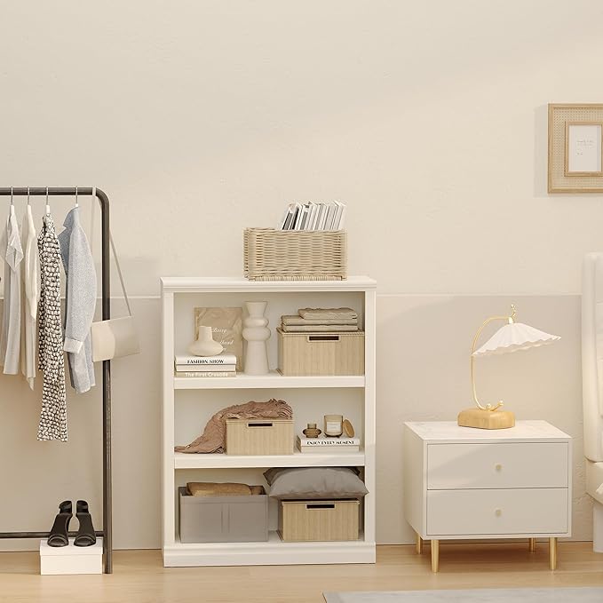 blini 3-Shelf Bookcase White Wooden Bookshelves 33in Wide Floor Standing Display Storage Book Shelves Tall Bookcase for Home Office, Living Room, Bedroom