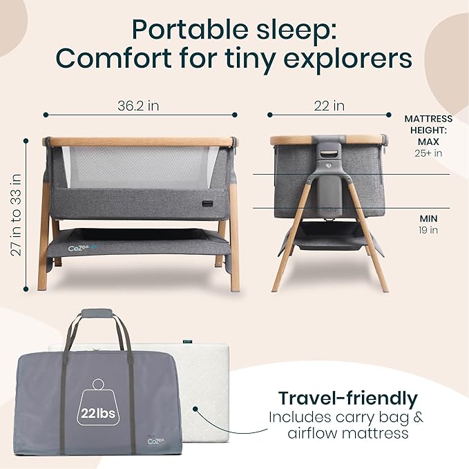 CoZee® Air Baby Bassinet & Bedside Sleeper - Rocking Bassinet for Baby, Fast-Folding with Travel Bag, Deluxe Airflow Mattress & 6 Mattress Heights, 0-6 Months (Oak & Charcoal)