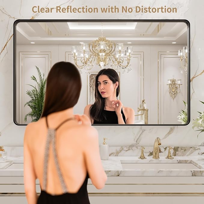 LOAAO 40x24 Inch Black Metal Framed Bathroom Mirror for Wall, Matte Black Bathroom Vanity Mirror Farmhouse, Large Rounded Rectangle Mirror, Anti-Rust, Hangs Horizontally or Vertically