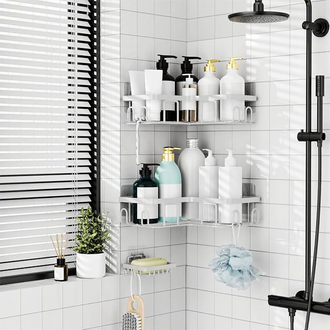 Moforoco Corner Adhesive Shower Caddy, with Soap Holder and 12 Hooks, Rustproof Stainless Steel Bathroom Organizer, No Drilling Wall Mounted Rack, Black, 3-Pack(White)