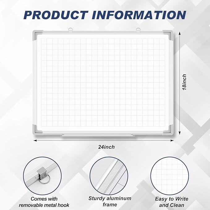 Lincia Magnetic Dry Erase Whiteboard with Lines, 24" x 18" White Board Planner for Wall, Planning Board Magnetic Ruled Dry Erase Whiteboard with Aluminum Frame for Home School Classroom Office (Grid)