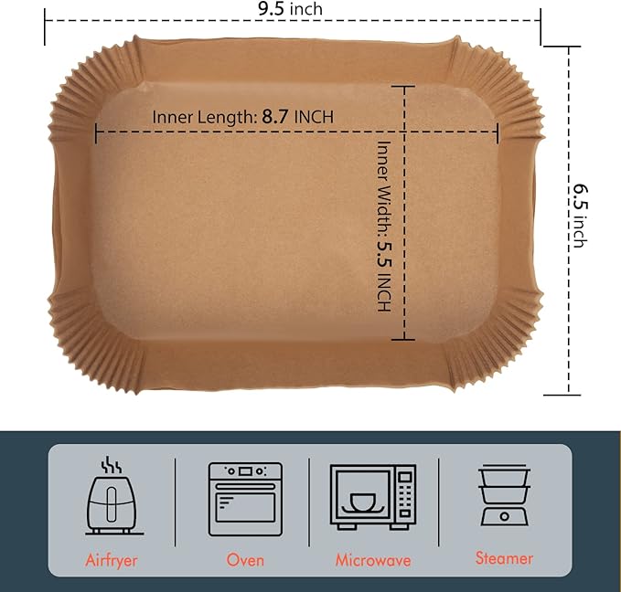 [3-Size] Air Fryer Disposable Paper Liner Compatible with Ninja Foodi Dual Air Fryer Toaster Oven, Non-stick Air Fryer Parchment Paper Baking Accessories (100Pcs - 8.7 Inch Rectangle, Natural)