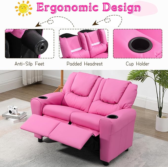 AVAWING Kids Recliner Chair, Double Kids Sofa Chair w/Cup Holder PU Leather, Toddler Loveseat Couch w/Adjustable Footrest & Headres for Boys Girls 3+ Age Group, Pink