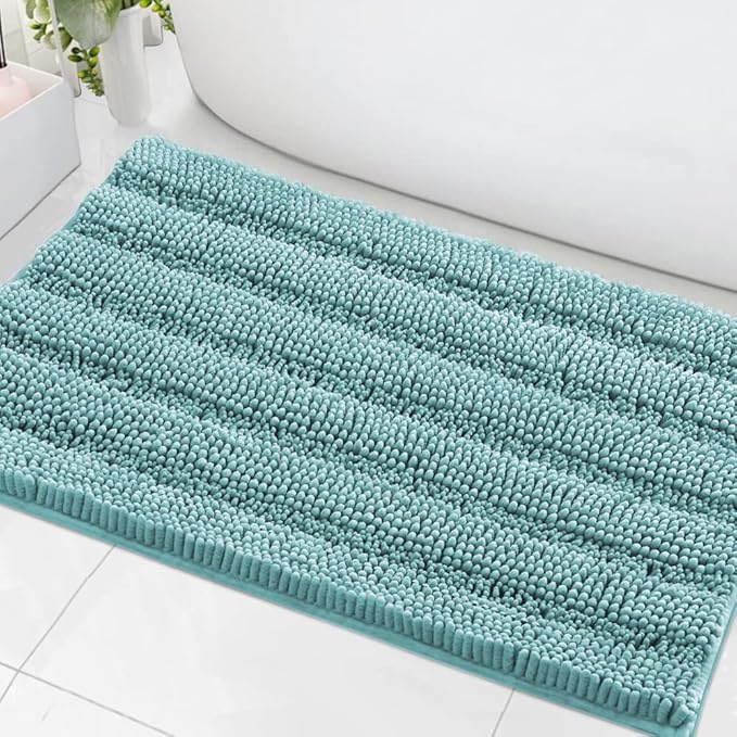 H.VERSAILTEX Bath Mats for Bathroom Non Slip Extra Thick Chenille Striped Bath Rug 24" x 36" Absorbent Non Skid Fluffy Soft Shaggy Rugs Washable Plush Mats for Indoor, Bath Room, Tub - Aqua Haze