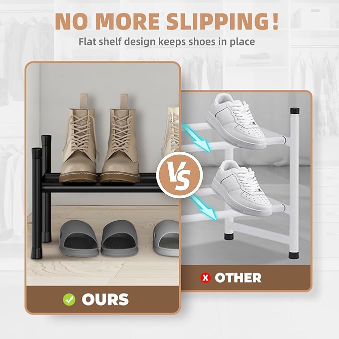 STORAGE MANIAC Long Expandable Shoe Rack, 6 Pairs Metal Wide Stackable Shoe Rack, Adjustable Shoes Shelf, Freestanding Shoes Organizer for Closet, Entryway, Hallway, Garage, Front Door, 1 Tier