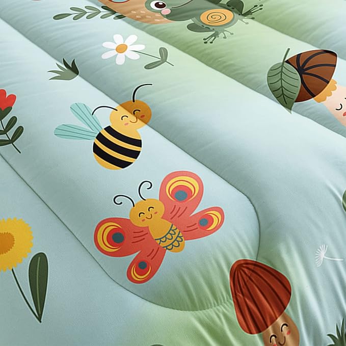 Cartoon Mushroom House Kids Comforter Bedding Set for Boys Girls, Green Grassland and Cute Frog Bee Print Comforter with 2 Pillowcases(Mushroom House Full)