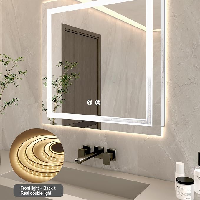 32 X 32 Inch Square LED Bathroom Vanity Mirror, 3 Colors Light Dimmable, Wall Mounted Memory Lighted Makeup Mirror with Anti-Fog Touch Switch (Front-lit&Backlit)