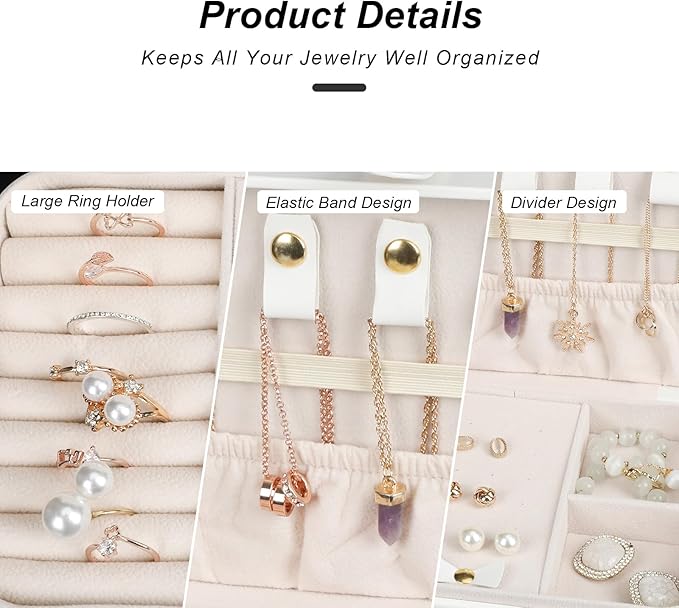 Small Jewelry Box, Travel Jewelry Case Portable Jewelry Boxes for Women, 2-Layer Mini Jewelry Travel Organizer, Gift for Women Girls,White D