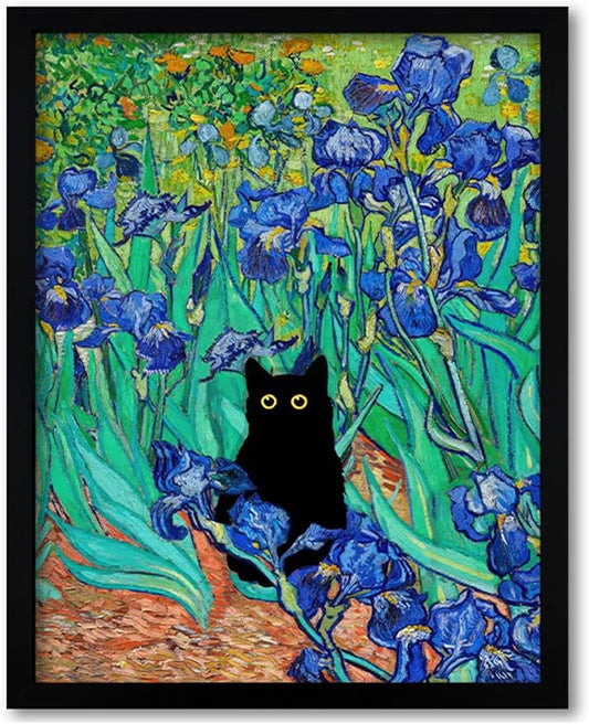 Krtoni Framed Van Gogh Irises Canvas Wall Art, Famous Oil Paintings Garden Flower Black Cat Wall Decor, Impressionism Funny Vintage Print Artwork For Farmhouse Gallery Bathroom 10''L x 8''W