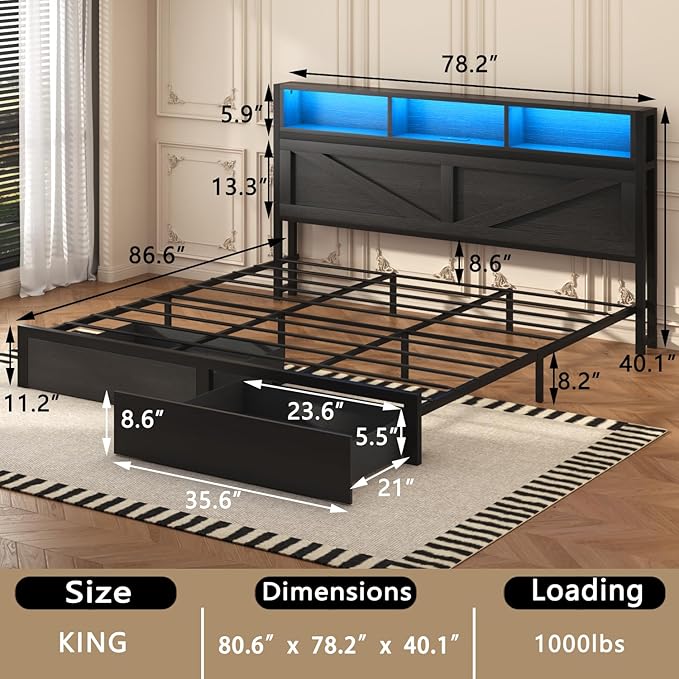 Farmhouse King Bed Frame with Bookcase Storage Headboard, Charging Station, LED Light and 2 Storage Drawers, Noise Free, No Box Spring Needed, Black