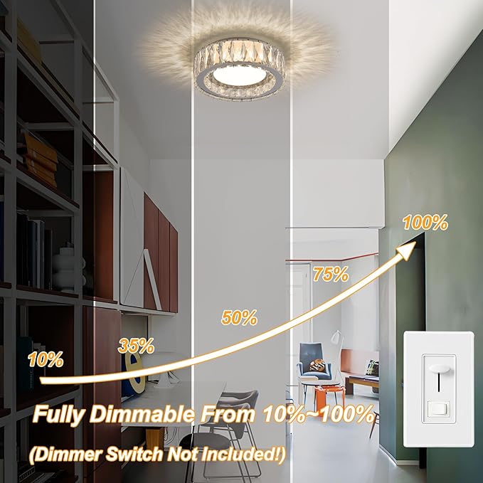 Dimmable Modern Luxury Crystal LED Flush Mount Ceiling Light,11 Inch 24W/5CCT 3000K-6000K Chrome Small Close to Ceiling Lighting Fixtures for Kitchen,Entryway,Laundry Room,Porch,Hallway