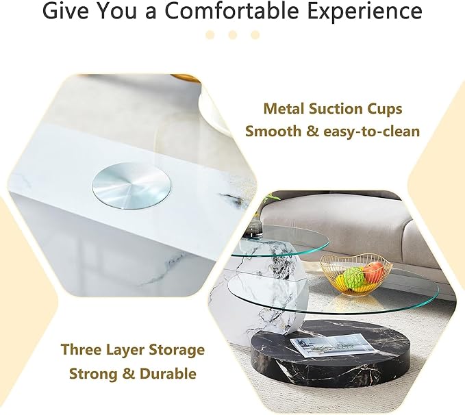 Glass Coffee Table, Modern Round Glass Coffee Table with Wooden Base, 3 Tier Round Coffee Table, Clear Cocktail Table with Storage for Living Room, Office, Balcony, White and Black