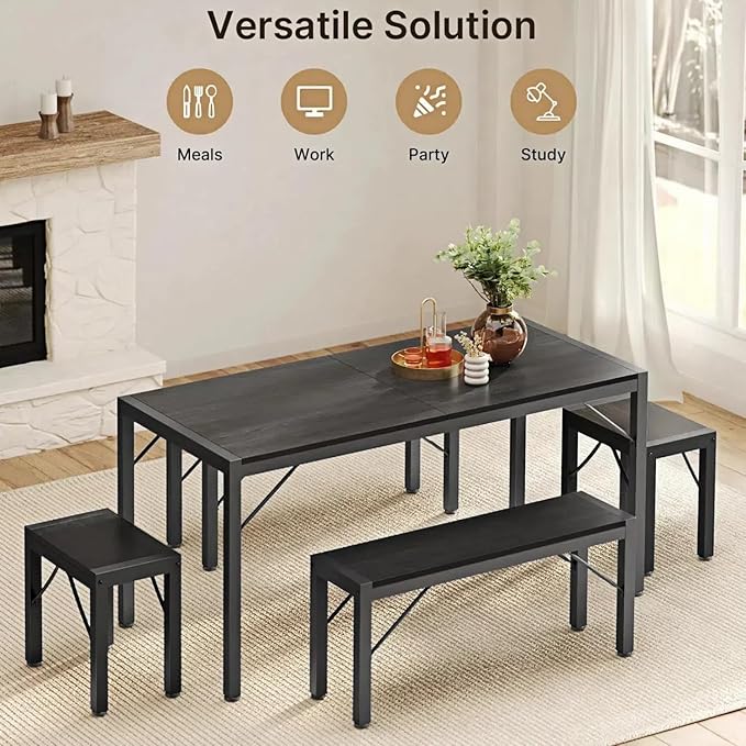 Gizoon 63" Dining Room Table Set for 6, Kitchen Table with 2 Benches and 2 Stools, Dining Table Set with Metal Frame, Space-Saving Kitchen Table Set for Apartment, Black