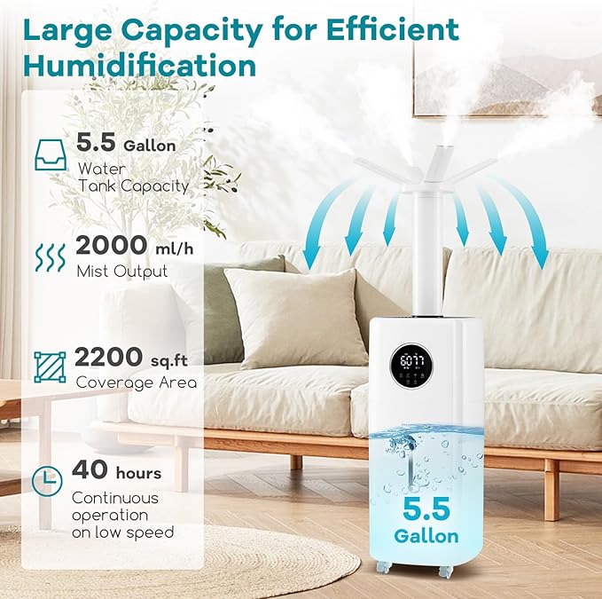 ARLIME Humidifier Large Room 2200 Sq.Ft, 5.5Gal Top Fill Commercial Humidifier w/3 Mist Levels, Extension Tube, 360° Nozzles & Remote Control, Whole House Humidifier w/Wheels for Bedroom, Plants, Gree