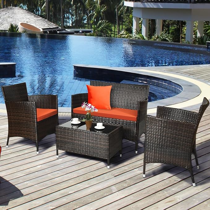 Tangkula 4 Pieces Patio Rattan Conversation Set, Outdoor Wicker Furniture with Tempered Glass Coffee Table & Thick Cushion, Rattan Chair Wicker Set for Garden, Lawn, Poolside and Backyard (1, Orange)