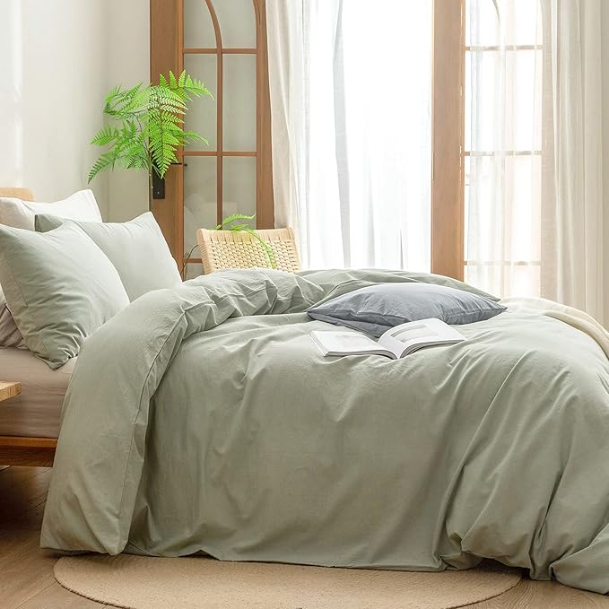 BESTOUCH Duvet Cover Set 100% Washed Cotton Linen Feel Super Soft Comfortable Chic Lightweight 2 PCs Home Bedding Set Solid Sage Green Twin/Twin XL