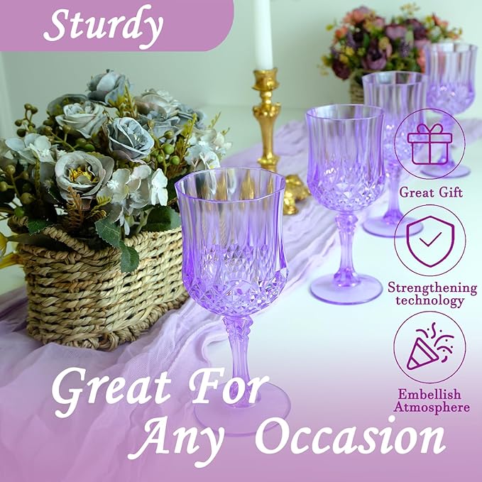 Plastic Wine Glasses，Plastic Goblets Vintage Style Cordial Drinking Glasses for Wedding Reception, Grand Event Party Supplies (24, Purple)