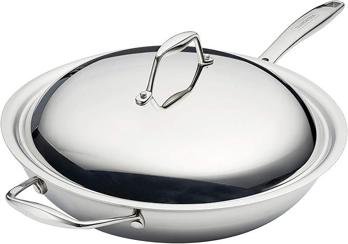 Tramontina Signature Tri-Ply Clad Stainless Steel 12.5-Inch Wok with lid, Induction-Ready, Dishwasher-Safe, NSF-Certified, Made in Brazil