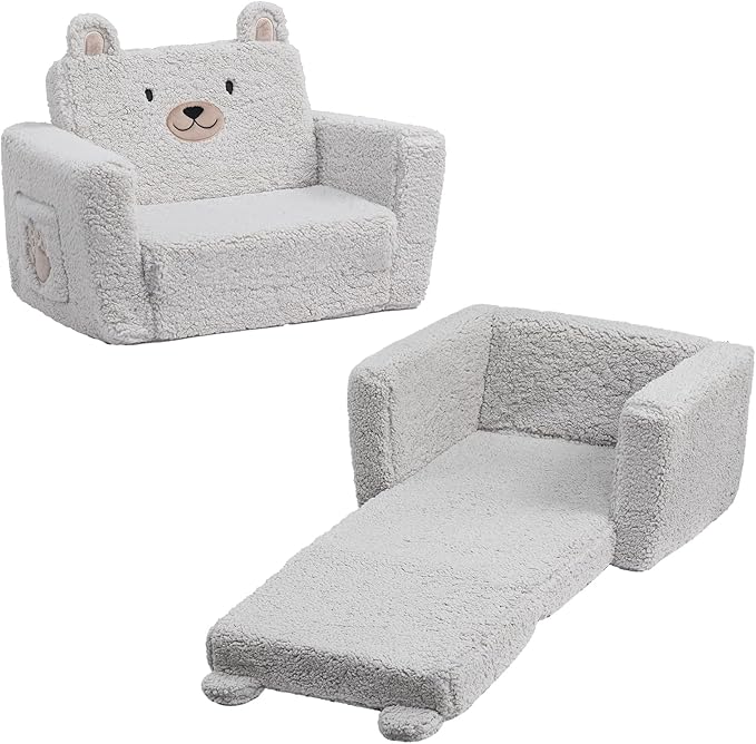 ALIMORDEN Fold Out Toddler Couch, Comfy 2-in-1 Cuddly Sherpa Bear Chair for Kids, Convertible Sofa to Lounger, Kids Cozy Corner Play Couch for Boys and Girls, Gary