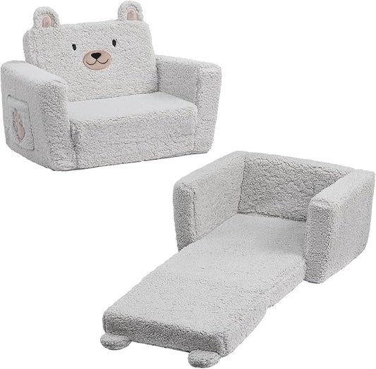 ALIMORDEN Fold Out Toddler Couch, Comfy 2-in-1 Cuddly Sherpa Bear Chair for Kids, Convertible Sofa to Lounger, Kids Cozy Corner Play Couch for Boys and Girls, Gary