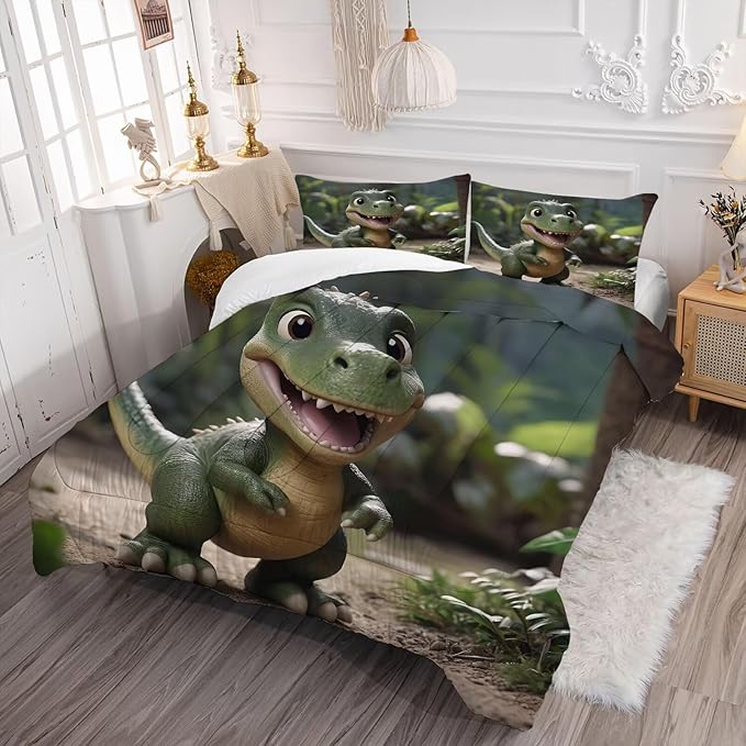 3D Dinosaur Bedding Set Queen Size for Boys, Cute Kids Dinosaur Comforter Set, Dino Bedding Toddler Bed Set with 1 Comforter and 2 Pillowcases, Green