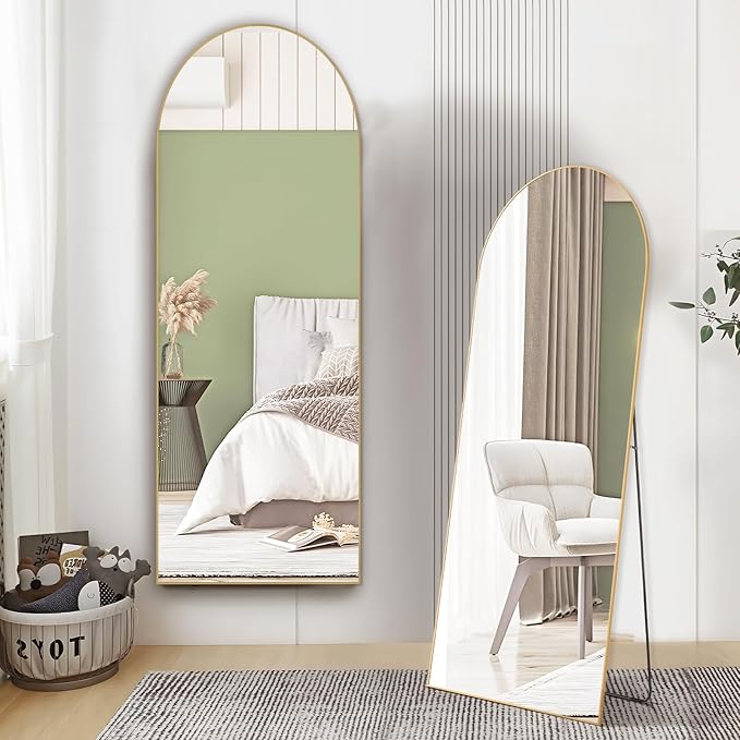 OLIXIS Arched Full Length Mirror 64"x 21" for Bedroom, Full Body Mirror with Stand, Hanging or Leaning for Wall, Aluminum Alloy Thin Frame Floor Standing for Living Room, Long, Classical Gold