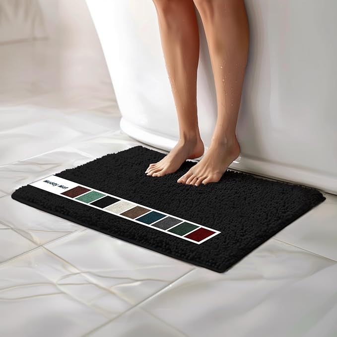 Muddy Mat Chenille Bathroom Rugs Quick Dry Microfiber Mats Non Slip Washable, Extra Thick, Soft and Highly Absorbent Bath Mats for Bathroom, Kitchen, and Shower Floor - Black Small 28"X18"