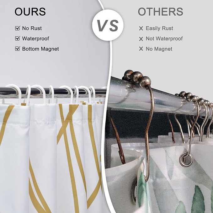 Punkray Gold Light Brown and White Striped Wavy Line Polyester Shower Curtain for Bathroom with Hooks, Shower Curtain Set Stripe Bath Curtains Decor Weighted Hem Washable, 72 x 72