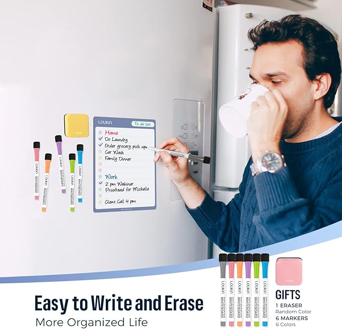 Loukin Dry Erase Checklists 4 Pack, Electrostatic Clings to Any Shiny Surface, Whiteboard Shopping List, Reusable to do List for Office, Classroom, Refrigerator, 6 Markers&1 Eraser Included