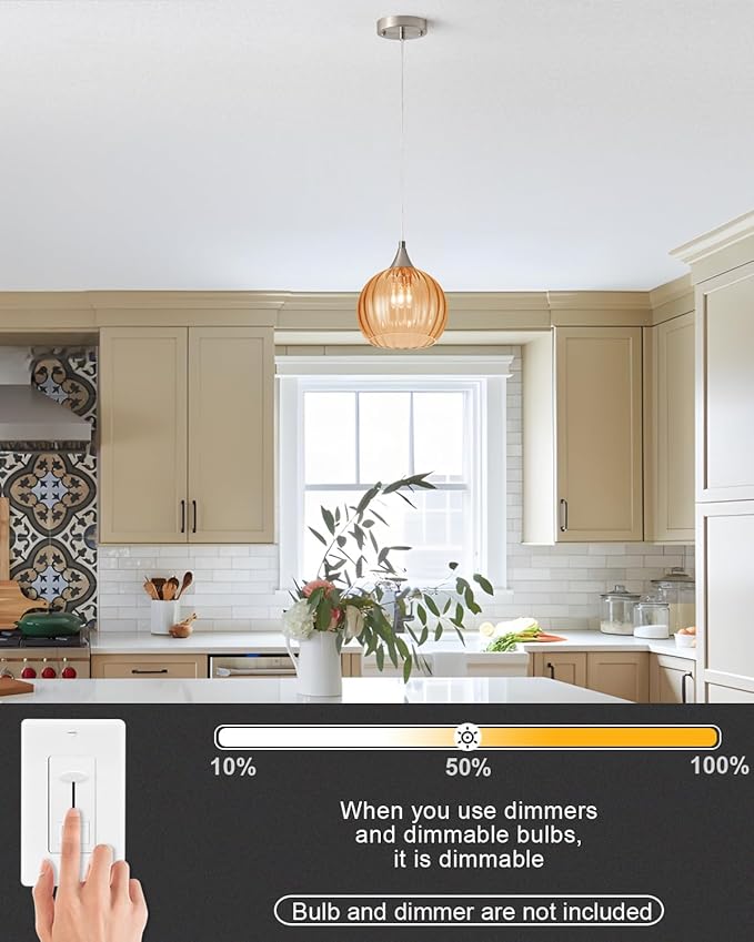 Brushed Nickel Pendant Lights Kitchen Island, Globe Pendant Light Fixtures with 8 Inch Clear Glass Shade, Modern Hanging Light Fixtures for Kitchen, Bedroom (2 Pack - Amber Glass Pendant Light)