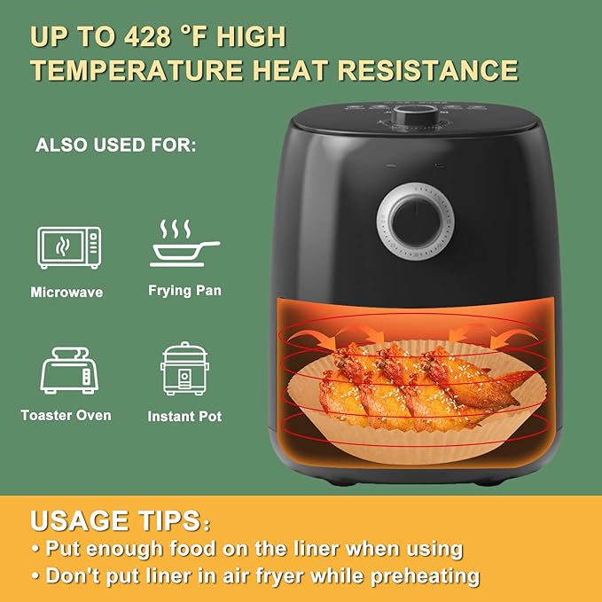 Air Fryer Paper Liner, Unbleached & Biodegradable Material, Disposable Non-stick Parchment Paper for Frying, Baking, Roasting & Grilling (100Pcs-6.3")