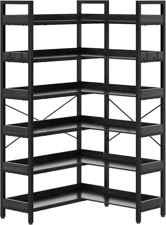 KOUSEI 6-Tier L-Shaped Reversible Corner Bookshelf, 69" Black Industrial Wood & Metal Bookcase, Wide Open Shelves + 4 Hooks for Living Room/Bedroom/Home Office