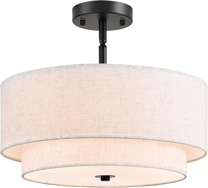 16" Semi Flush Mount Ceiling Light, Black 3 Light Double Drum Fabric Lampshade Lighting Fixture for Living Room, Bedroom, Dining Room, Kitchen, Hallway (Swivel Canopy for Sloped/Flat Ceiling)