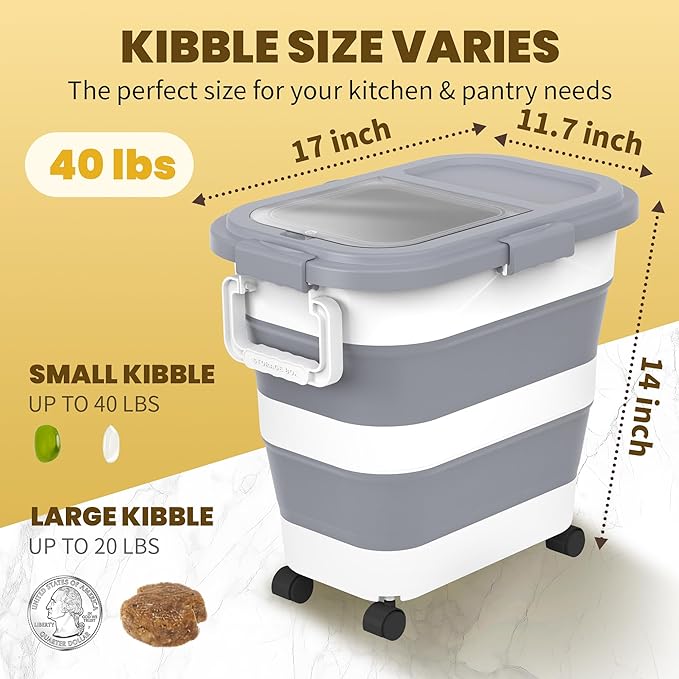 30-40Lbs Rice Container,Collapsible Airtight Food Storage Containers with Wheels,Handle,Rice Storage Container with Small Bin and Scoop,Rice Dispenser for Flour Sugar Cereal Grain Dog Cat