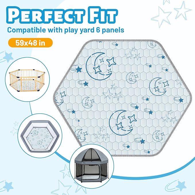 Hexagon Baby Play Mat 59x48 inches: Thick & Soft 6 Panel Playpen Mattress for Babies Toddlers Infant - Non-Slip Silicon Dot Crawling Mats - Foldable & Machine Washable Large Floor Playmats