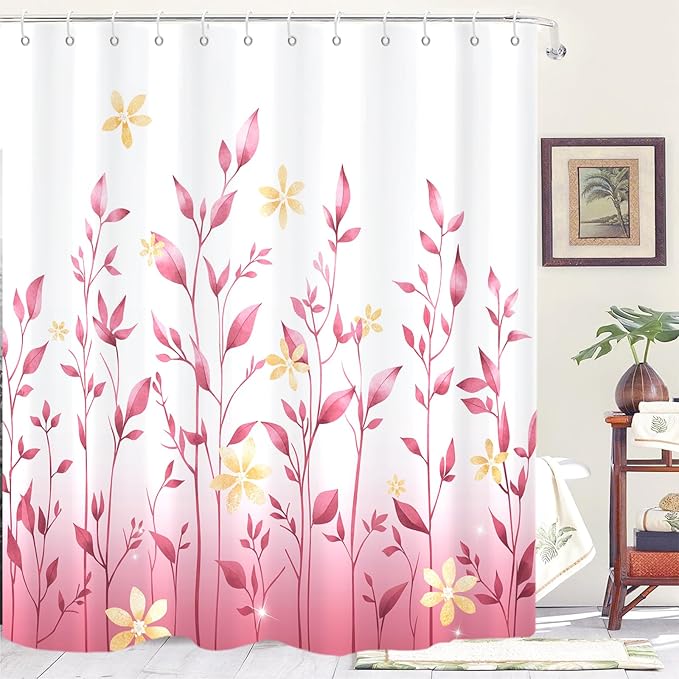 Eucalyptus Shower Curtain, Ombre Floral Leaves Plant Washable Fabric Bath Decor with 12 Hooks 72x72 inches, Pink