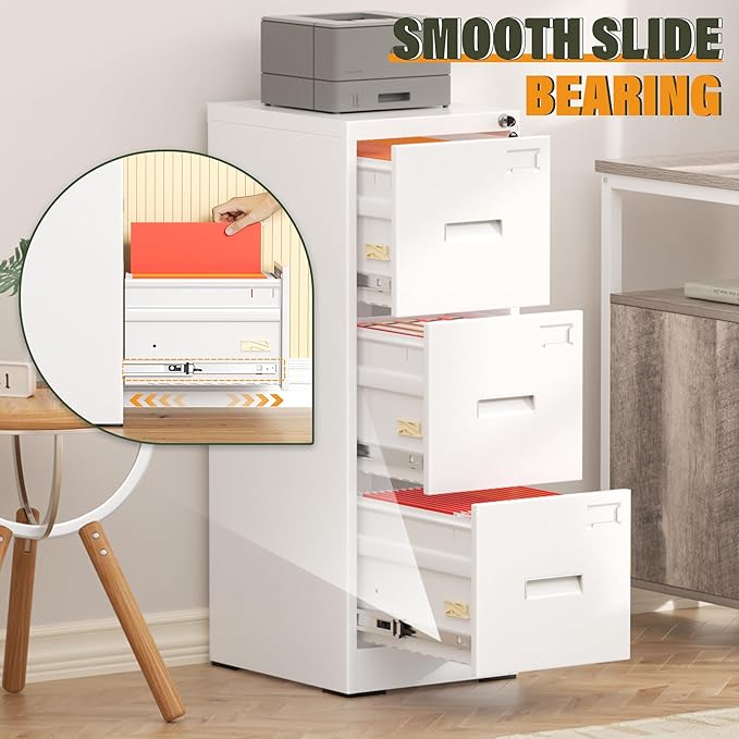 Greenvelly 3 Drawer File Cabinet with Lock, Black Metal Vertical Filing Cabinet for Home Office Fit Legal/Letter/A4/F4 Size with Hanging Bars&Key