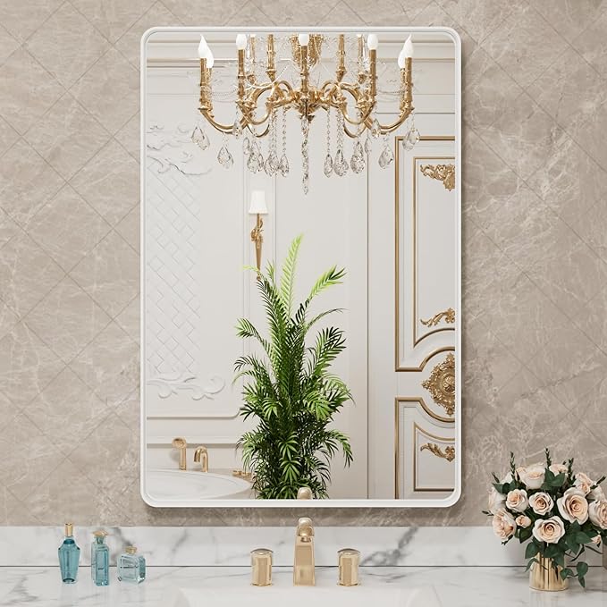 LOAAO 22x30 Inch White Metal Framed Bathroom Mirror for Wall, White Bathroom Vanity Mirror Farmhouse, Large Rounded Rectangle Mirror, Anti-Rust, Hangs Horizontally or Vertically