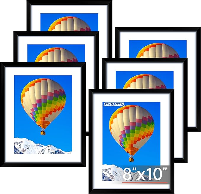 FIXSMITH 8x10 Picture Frame Set of 6, Black Photo Frames Bulk with HD Plexiglass, Display Pictures 5x7 with Mat or 8x10 Without Mat, Multi Picture Frames Collage for Tabletop or Wall Display
