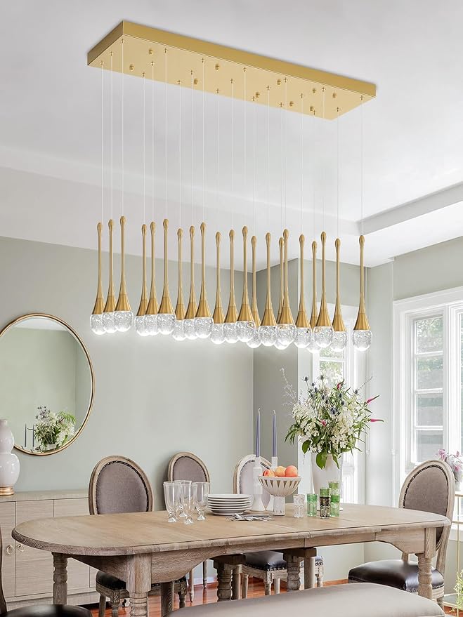 24-Lights Rectangular Chandelier Crystal Raindrop Chandeliers Flush Mount Ceiling Light for Dining Room Living Room High Ceiling Chandelier for Staircase Foyer Entryway Gold Chandeliers