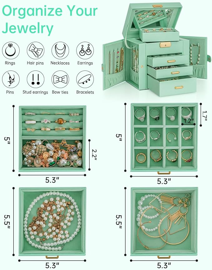 AKOZLIN 4-Tier Jewelry Box Leather Jewelry Storage Organizer with 3 Drawers Lockable for Women Girls Ring Necklace Earring Bracelet Holder with Mirror