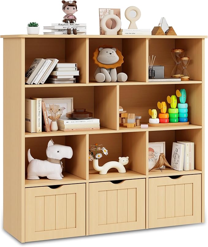 Toy Storage Organizer with Bookshelf, Large Toy Organizers and 3 Movable Drawers with Hidden Wheels and 8 Storage Cubbies, Kids Bookshelf and Toy Chest, Playroom Furniture, Oak
