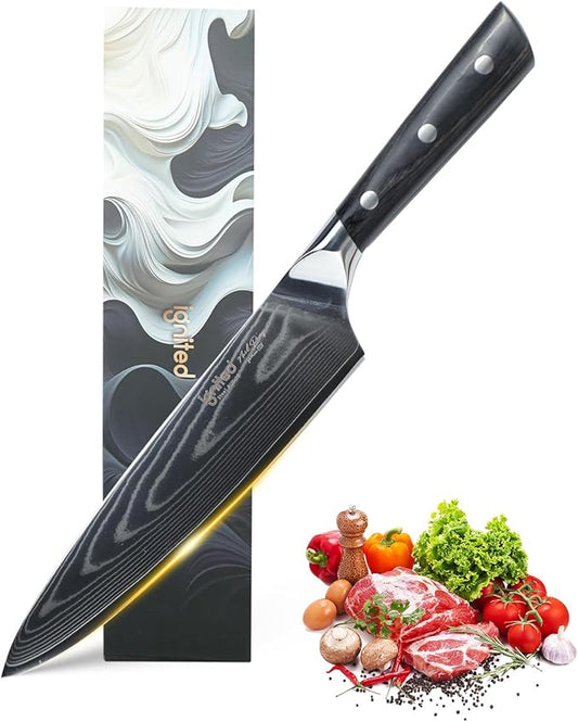 Damascus Chef Knife 8 Inch, Professional Chefs Knife With Japanese Aus-10 High Carbon Stainless Steel, Japanese Chef Knife With Black Pakkawood Handle, Chef's Kitchen Cutting Knife