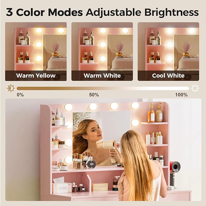 COMHOMA Vanity Desk with Lighted Mirror and Power Outlet, RGB LED Lights Makeup Vanity Set for Girls, Large Storage Capacity Dressing Table for Bedroom, 3 Lighting Modes Adjustable Brightness, Pink