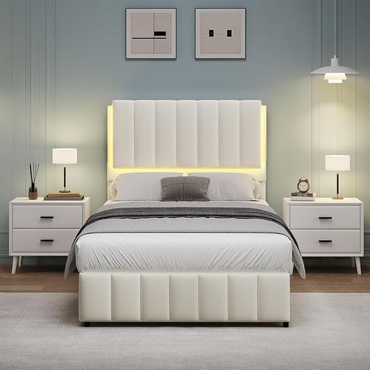 Twin Upholstered Bed Frame with LED Lights, Faux Leather Platform Bed with Headboard and Wooden Slats Support, No Box Spring Needed, Noise-Free, Easy Assembly, Cream