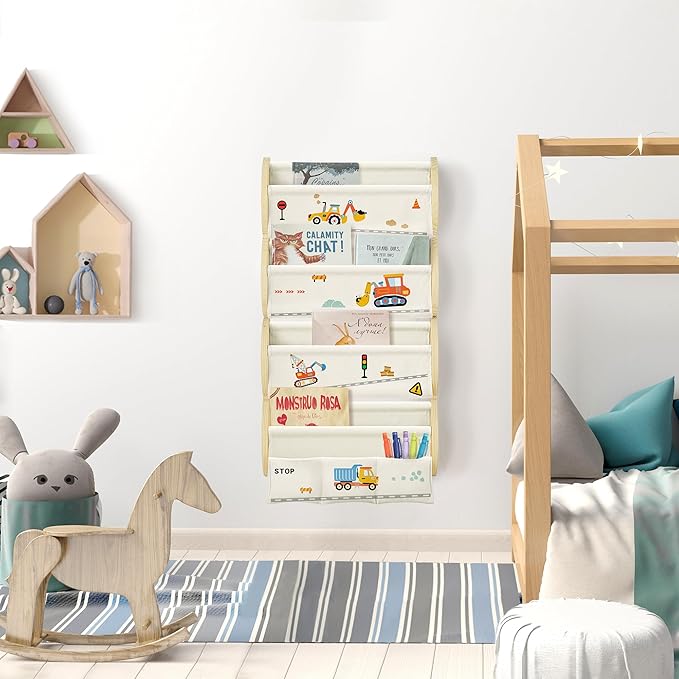 Wooden Wall Mounted Bookshelf for Kids Rooms, 4 Tier Floating Nursery Book Shelf, Kids Bookshelf with 2 Pockets, Toddler Sling Book Rack with Deep Sleeves (Excavator)